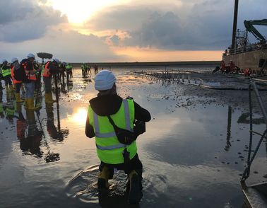 Cable laying barge for NordLink during sunset